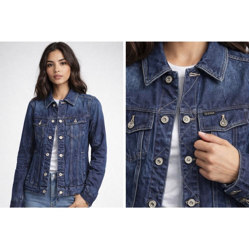 G-Star RAW Denim Jacket Womens Small Blue Distressed Trucker Jean Jacket